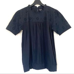 Loft Short Sleeve Eyelet Detail Black Top